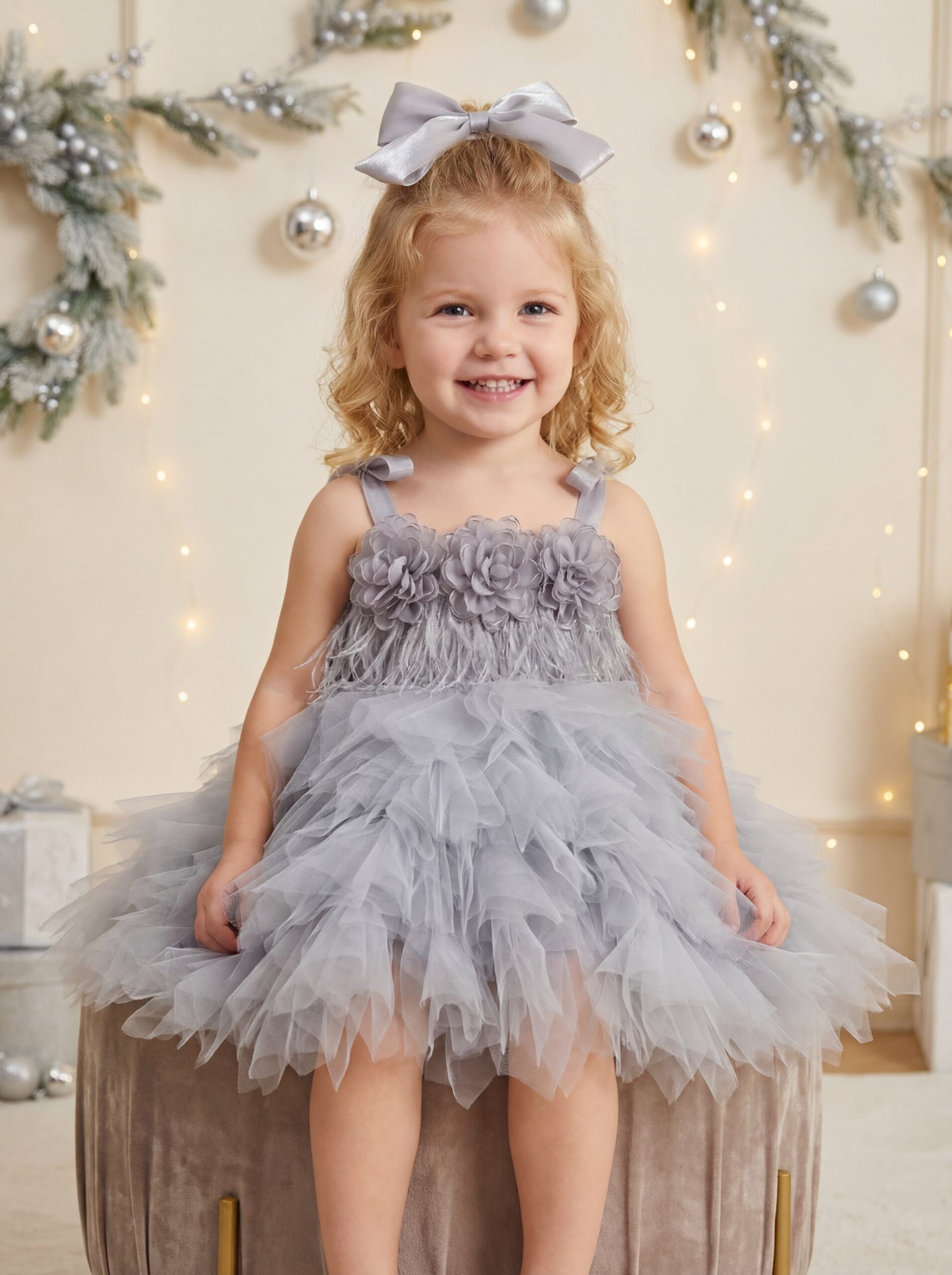 Kids The Phoebe Feather & Tulle Tutu Dress | Birthday, Flower Girl & Holiday Portrait Gown - Image 3