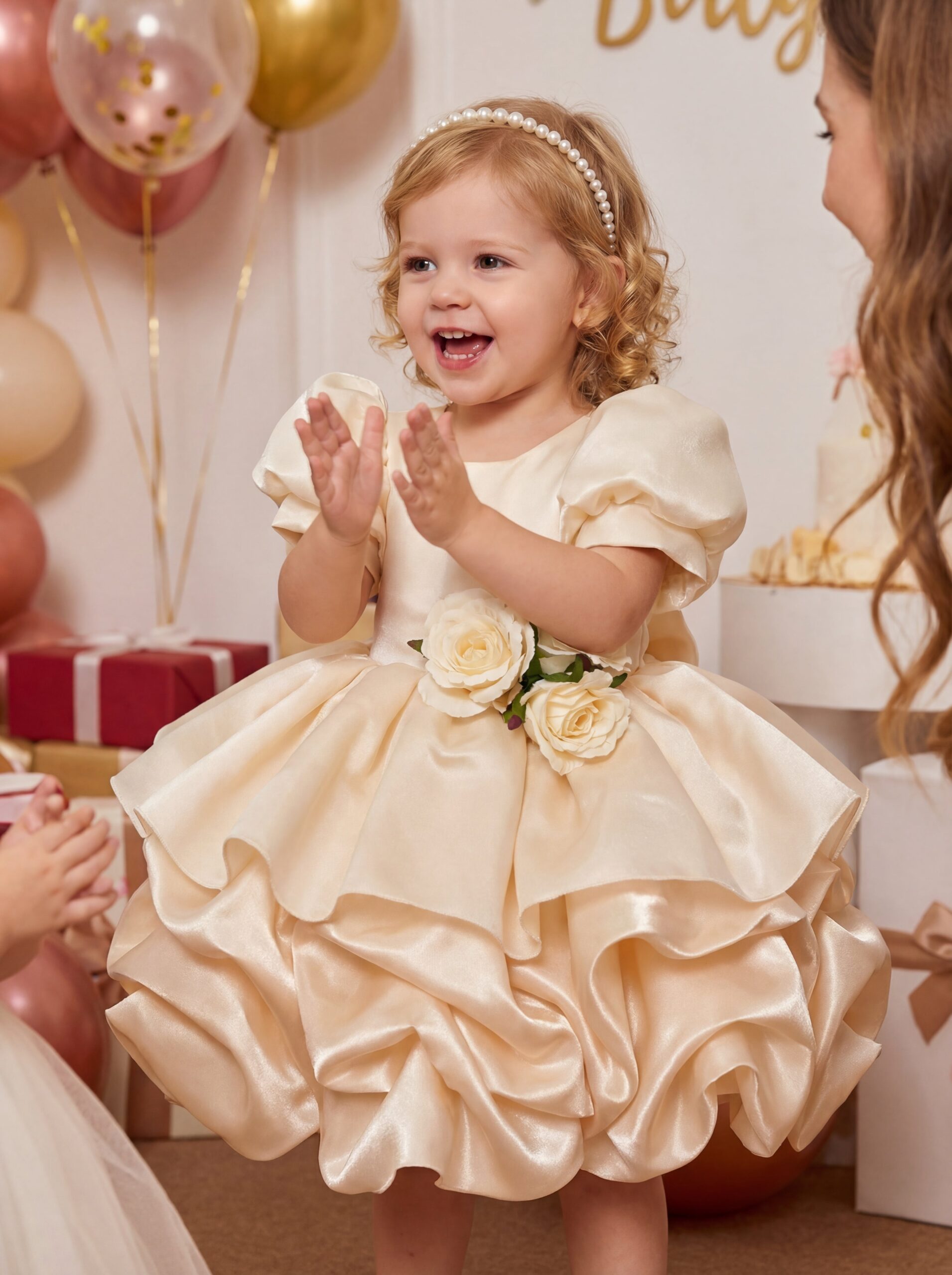 Kids The Zoe Champagne Satin Toddler Dress | 1st Birthday & Flower Girl - Image 5