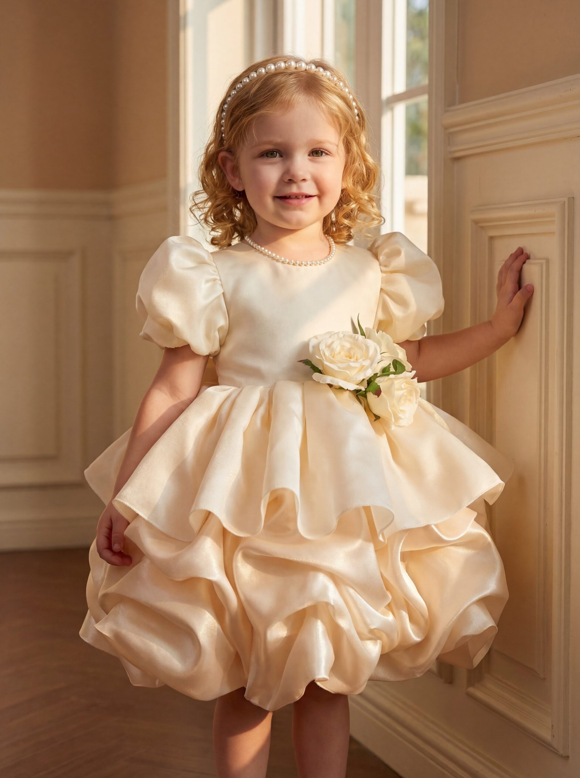 Kids The Zoe Champagne Satin Toddler Dress | 1st Birthday & Flower Girl - Image 3