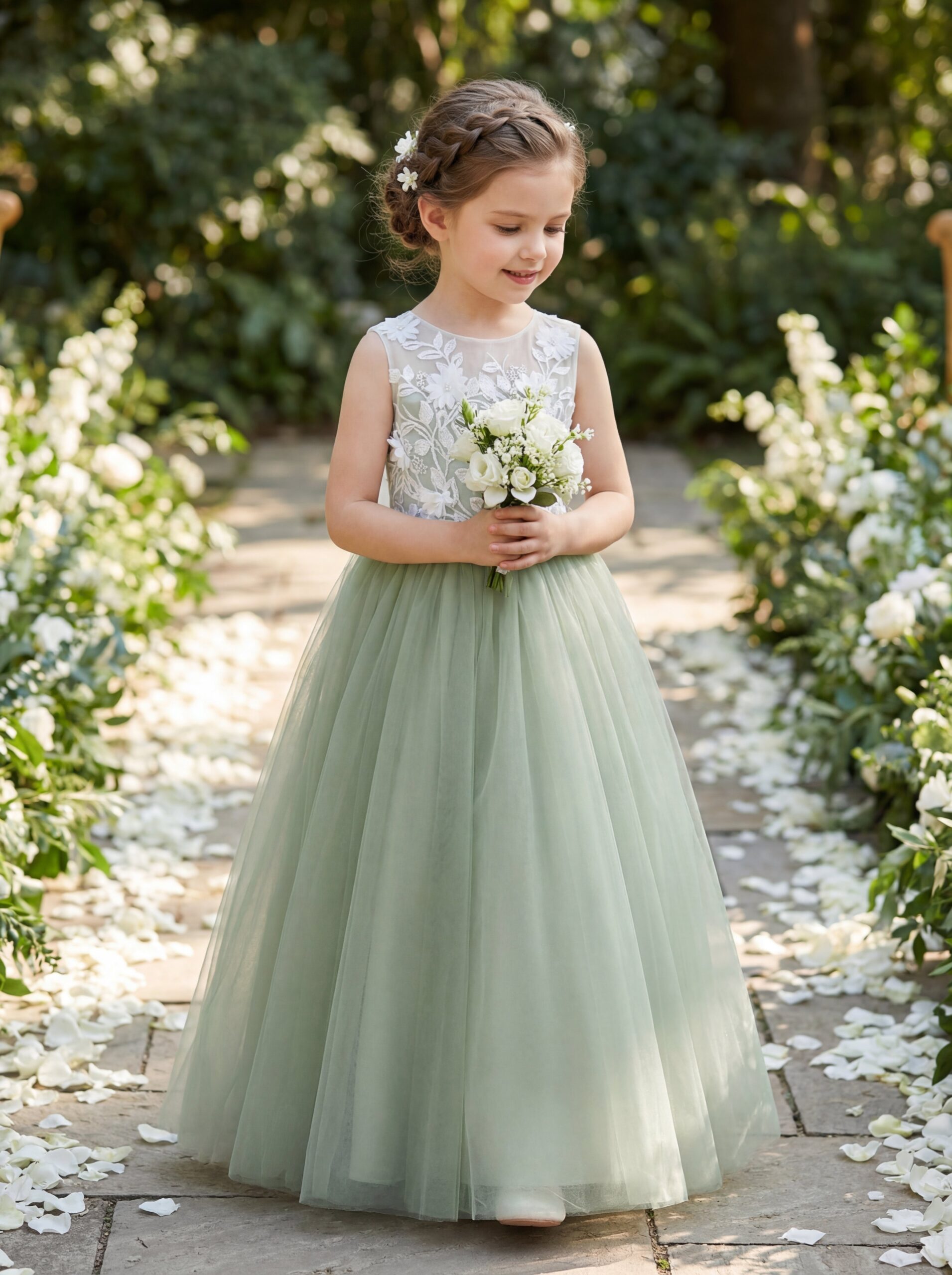 Kids The Elodie Vintage Floral Lace Tulle Gown | Flower Girl, Garden Wedding & Photography Gown - Image 4