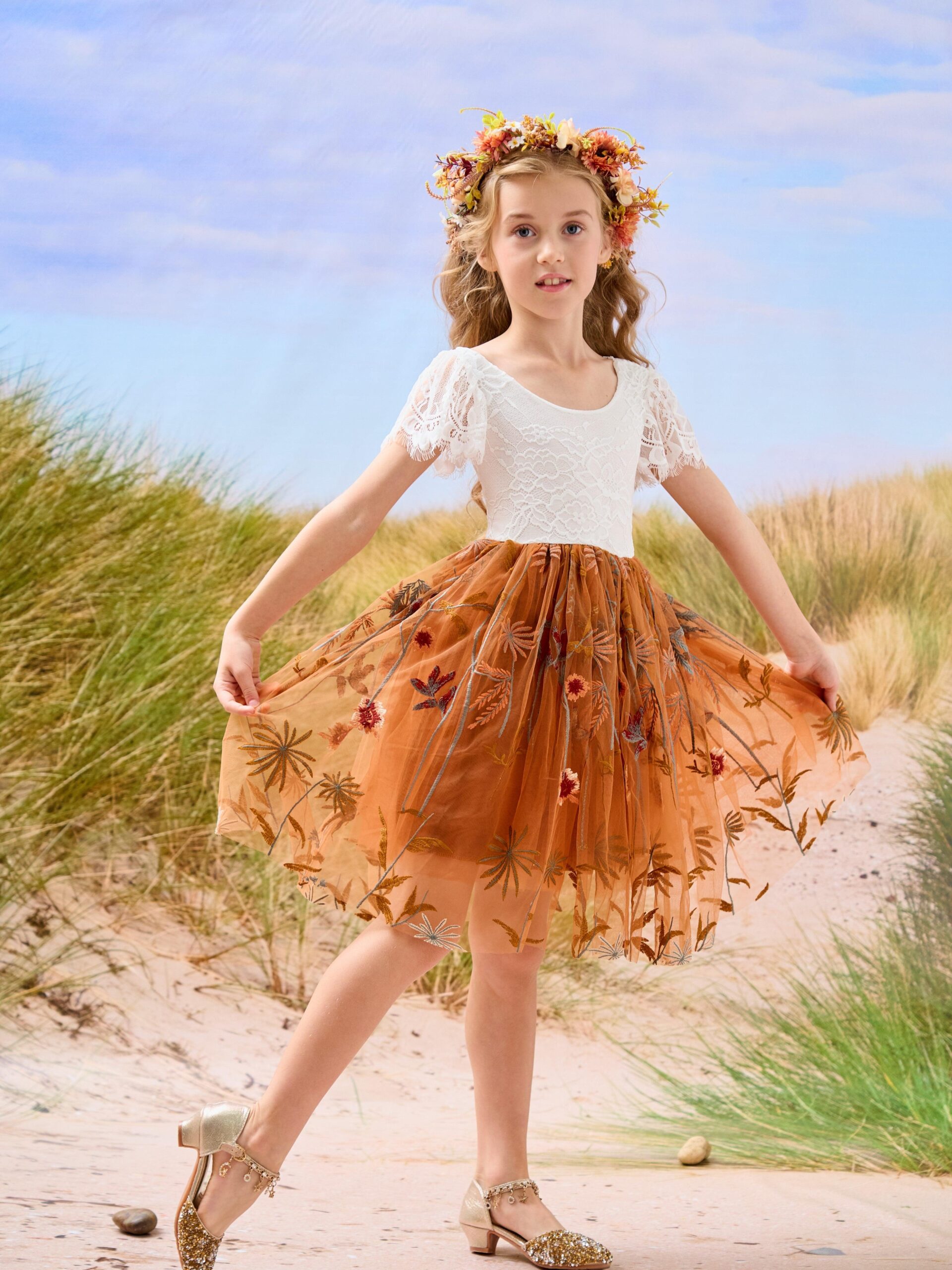 Kids Cap Sleeves Knee-length Flower Girl Dress