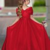Kids Red Floor Length Short Sleeves Flower Girl Dress